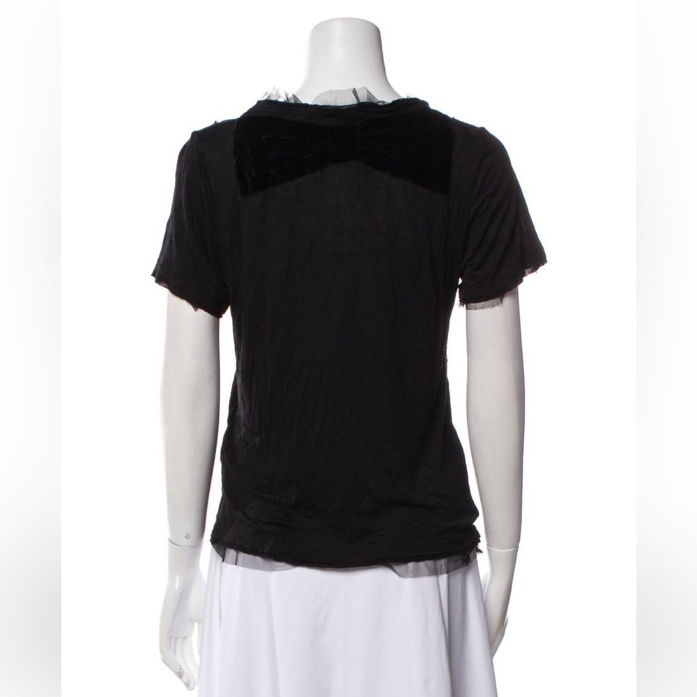 Red Valentino black sequin scoop V neck short sleeve shirt with netted ruffles - Picture 2 of 8
